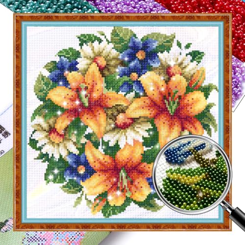 Generisch Blumen Perlenstickerei Kreuzstich Set zum Selbermachen, Blume 9 CT komplettes Sortiment an vorgedruckten Startersets für Anfänger 36 x 36 cm von Generisch