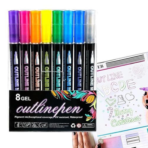 Generisch Coloring Lightstick Graffiti Textmarker – 8 Farben Outline Marker Pens | Niedliches Doodle Dazzles Schimmermarker-Set | Ausmalender Lightstick-Graffiti-Stift für Kunsthandwerk von Generisch