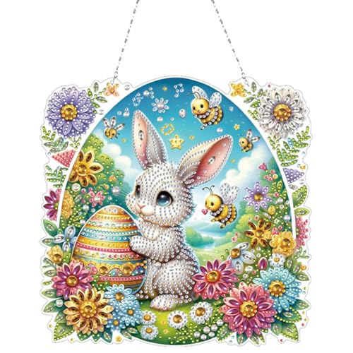 Generisch DIY Diamond Painting Ostern Kranz Set Türkranz vorn 5D Hase Blumenbusch Diamond Painting Anhänger mit Kette Diamant Malerei Fensterbilder für Wand Und Eingang Dekoration von Generisch