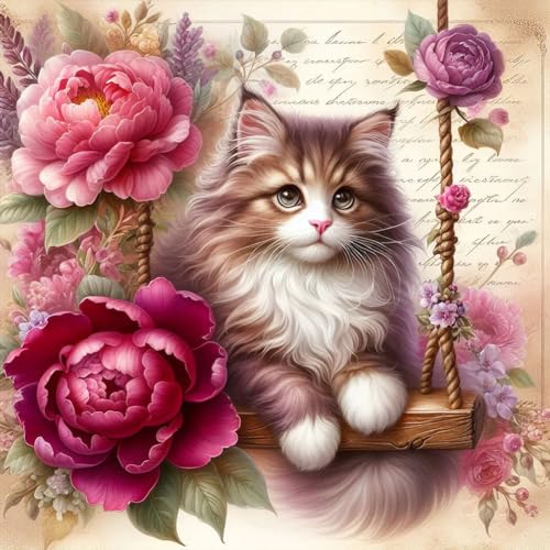 Generisch Diamond Painting Katze und Pfingstrose, DIY 5D Diamant Painting Bilder Erwachsene, Diamond Painting Set Erwachsene Tiere Diamant Malerei für Home Wand Décor 30 x 30 cm von Generisch