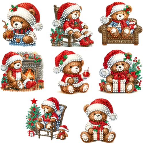 Generisch Diamond Painting Weihnachten Bär Anhänger, 8 Stück 5D Diamant Painting Weihnachtsbaum Fenster Hängend DIY Weihnachten Deko Diamanten Malerei Kits Erwachsene für Decor von Generisch