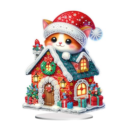 Generisch Diamond Painting Weihnachten Deko, Weihnachtshaus Katze Handgemachte Weihnachtsdeko Ornamente, Weihnachten Stehend Tisch Deko Geschenk für Weihnachten Dekoration Hausgeschenk von Generisch