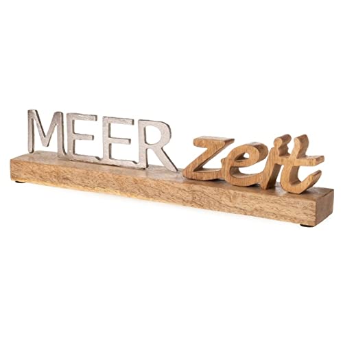 Generisch Dio Schriftzug 'Meerzeit', Aluminium, vernickelt, Holz, ca. 31 x 5 x 7 cm H Mangoholzstand von Generisch