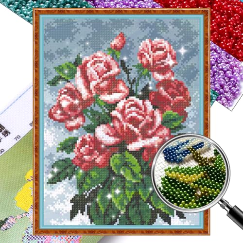 Generisch Diy Perlenstickerei Set Blumen Perlenstickerei Kit Nadelspitzen Kits Perlen Kreuzstich Stickpackung Stickbilder Kreuzstich mit Perlen 3D Perlen Malerei Handarbeit-27x35cm von Generisch