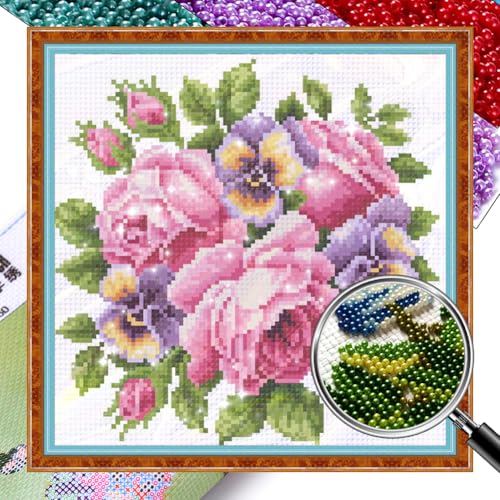 Generisch Diy Perlenstickerei Set Blumen Perlenstickerei Kit Nadelspitzen Kits Perlen Kreuzstich Stickpackung Stickbilder Kreuzstich mit Perlen 3D Perlen Malerei Handarbeit-Rose 29x28cm von Generisch