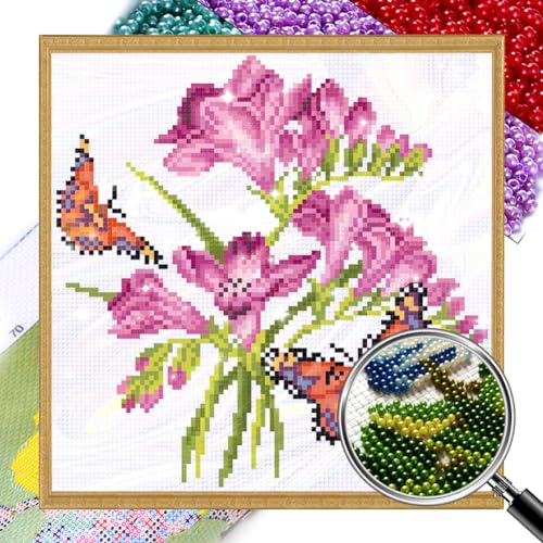 Generisch Diy Perlenstickerei Set für Erwachsene Anfänger, Schmetterling Blume, Einfaches Perlenstickerei Kit, Nadelspitzen-Set, Perlen Kreuzstich, 3D Perlenmalerei, Handarbeit 27x27cm von Generisch