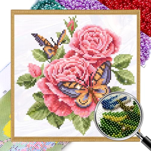 Generisch Diy Perlenstickerei Set für Erwachsene Anfänger, Schmetterling Blume, Einfaches Perlenstickerei Kit, Nadelspitzen-Set, Perlen Kreuzstich, 3D Perlenmalerei, Handarbeit 27x27cm von Generisch