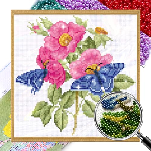 Generisch Diy Perlenstickerei Set für Erwachsene Anfänger, Schmetterling Blume, Einfaches Perlenstickerei Kit, Nadelspitzen-Set, Perlen Kreuzstich, 3D Perlenmalerei, Handarbeit 27x27cm von Generisch