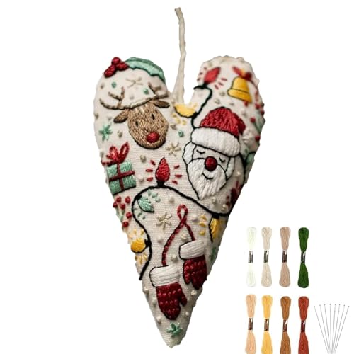 Generisch Diys Herz-Weihnachts-Stickset, Hand-Weihnachts-Stickset Für Anfänger, Weihnachtsornament In Herzform, Festival-Dekoration Zum Aufhängen, Handbesticktes Ornament-Set Für Raumdekoration von Generisch