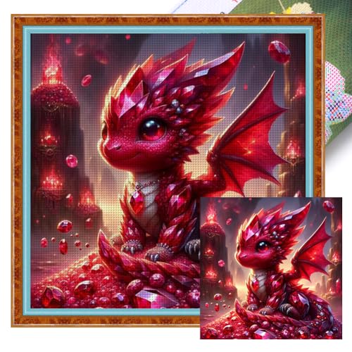 Generisch Drachen Kreuzstich Set Stickpackungen Vorgedruckt Erwachsene,Drachen Stickvorlagen Kreuzstich Stickpackung Sticken Stickbild Set für Erwachsene Anfänger 40 x 40 cm-Rot von Generisch