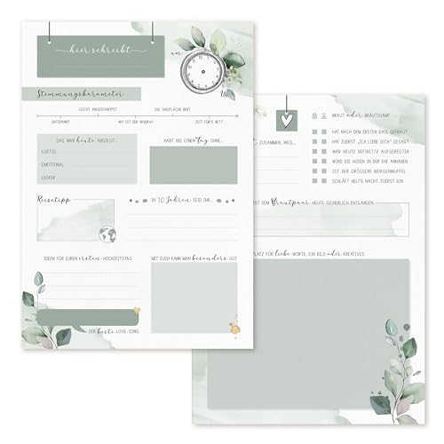 Generisch Gästebuchkarten für Hochzeit, 25er Set in DIN A5 (14,8x21cm), Hochzeitsspiel mit Fragen zum ausfüllen im Greenery Eukalyptus Look, Gästekarten als Gästebuch Alternative, GK001 von Generisch