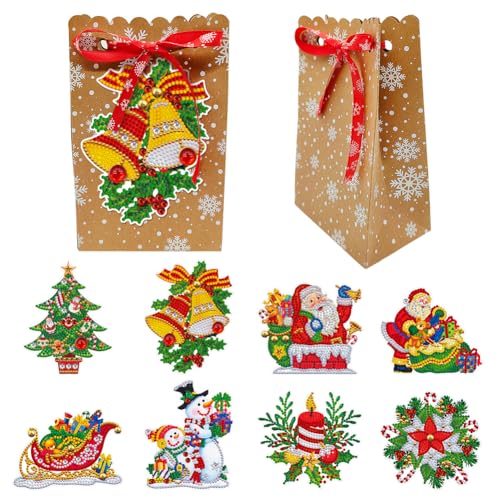 Generisch Geschenktüten Weihnachten mit 8 Diamond Painting Aufkleber,Papiertüten Süßigkeiten Snackbeutel Weihnachts Geschenkverpackung mit Schleife Schneeflocke Weihnachten Papiertüten von Generisch