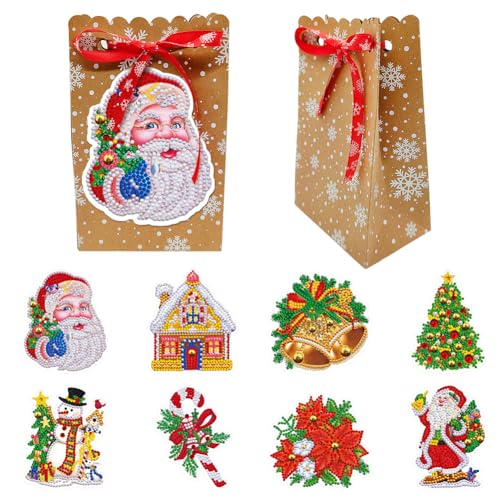 Generisch Geschenktüten Weihnachten mit 8 Diamond Painting Aufkleber,Papiertüten Süßigkeiten Snackbeutel Weihnachts Geschenkverpackung mit Schleife Schneeflocke Weihnachten Papiertüten von Generisch