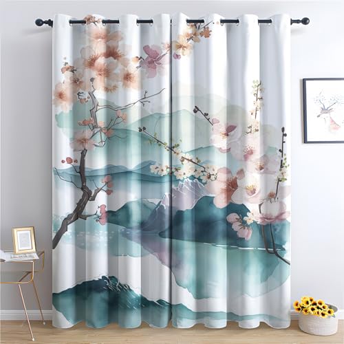 Generisch Japanischer Stil Vorhang, Kirschblüten Gardinen mit Ösen 2er Set Verdunkelungsvorhang, Tuschemalerei Vorhänge, Wohnzimmer Schlafzimmer Kinderzimmer Blickdichte vorhänge, 220x215 cm j1&-78 von Generisch