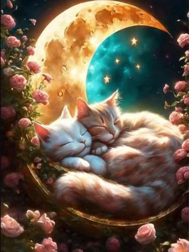 Diamond Painting Kits,Der Mond Rosen Blumen Katze 5D DIY Full Drill Diamant Painting Bilder Erwachsene,Moon Flowers Cats Tiere Diamant Painting Bilder Erwachsene für Wand Dekoration 30X40 CM von Generisch