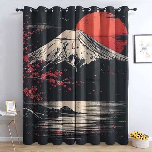 Generisch Kirschblüten Vorhang, Berg Fuji Gardinen mit Ösen 2er Set Verdunkelungsvorhang, Japanischer Stil Vorhänge, Wohnzimmer Schlafzimmer Kinderzimmer Blickdichte vorhänge, 300x280 cm 2u&k-179 von Generisch