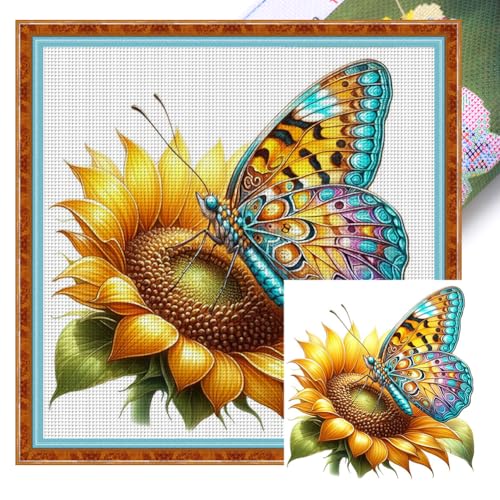 Generisch Kreuzstich, Stickvorlagen Stickbilder Vorgedruckt Kreuzstich Stickpackungen Stickpackung Cross Stitch Stickset Sticken Set Erwachsene Anfänger 40x40cm-Sonnenblume Schmetterling von Generisch