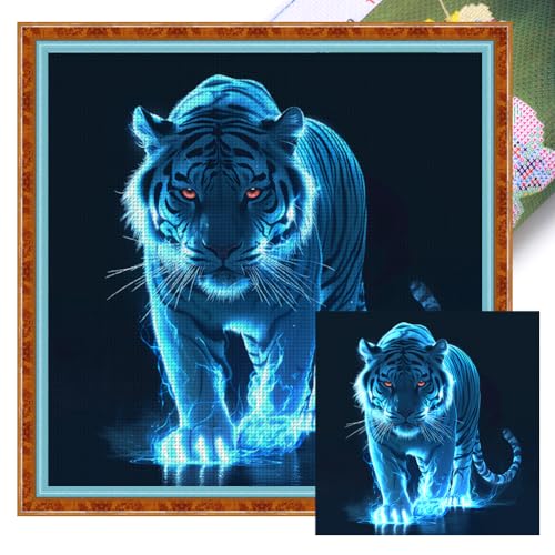 Generisch Kreuzstich Set, Tiere Stickvorlagen Stickbilder Vorgedruckt Kreuzstich Stickpackungen Stickpackung Stickset Sticken Set Erwachsene Anfänger-Tiger 45x45cm von Generisch