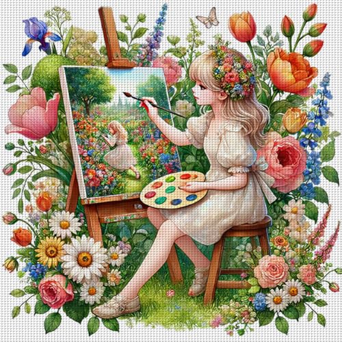 Generisch Kreuzstich Set Mädchen Blumen, Stickvorlagen Stickbilder Vorgedruckt Kreuzstich Stickpackungen Stickpackung Cross Stitch Embroidery Kit Stickset Sticken Set Erwachsene Anfänger-#3 von Generisch