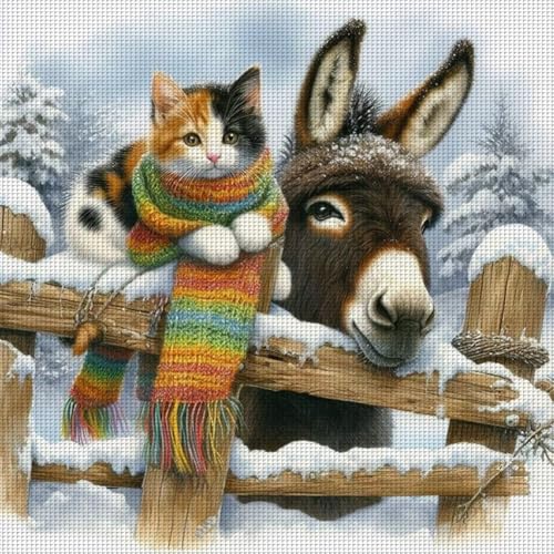 Generisch Kreuzstich Set Vorgedruckt Esel Katze Stickvorlagen Stickbilder Kreuzstich Stickpackungen Stickpackung Cross Stitch Embroidery Kit Stickset Sticken Set Erwachsene Anfänger 40x40cm von Generisch