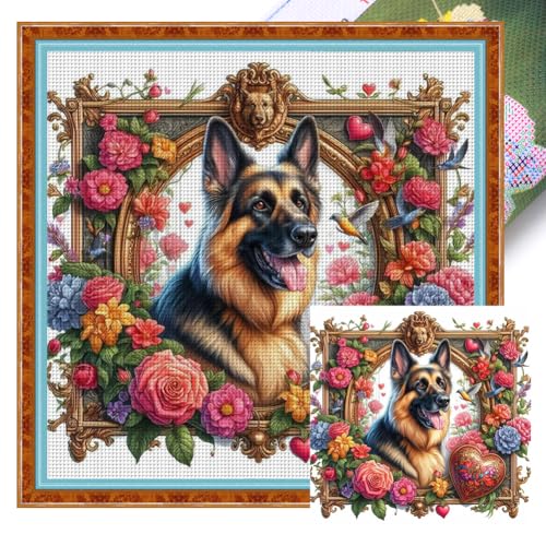 Generisch Kreuzstich Set für Erwachsene,Tiere Stickvorlagen Stickbilder Vorgedruckt Kreuzstich Stickpackungen Stickpackung Cross Stitch Kit Stickset Sticken Set Anfänger-Deutscher Schäferhund 45x45cm von Generisch