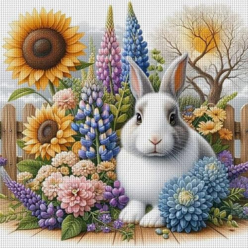 Generisch Kreuzstich Set für Erwachsene,Tiere Stickvorlagen Stickbilder Vorgedruckt Kreuzstich Stickpackungen Stickpackung Cross Stitch Kit Stickset Sticken Set Anfänger-Hase 40x40cm von Generisch