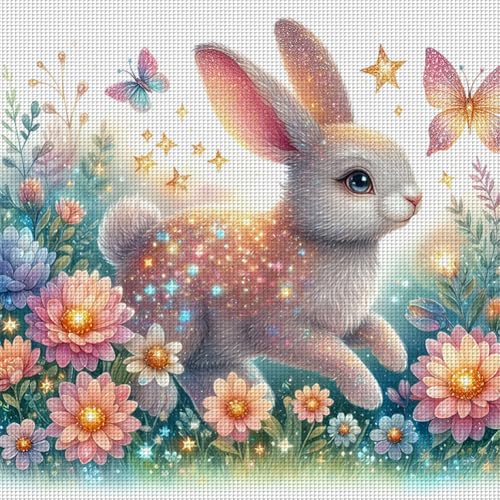 Generisch Kreuzstich Set für Erwachsene,Tiere Stickvorlagen Stickbilder Vorgedruckt Kreuzstich Stickpackungen Stickpackung Cross Stitch Kit Stickset Sticken Set Anfänger-Kaninchen 40x40cm von Generisch