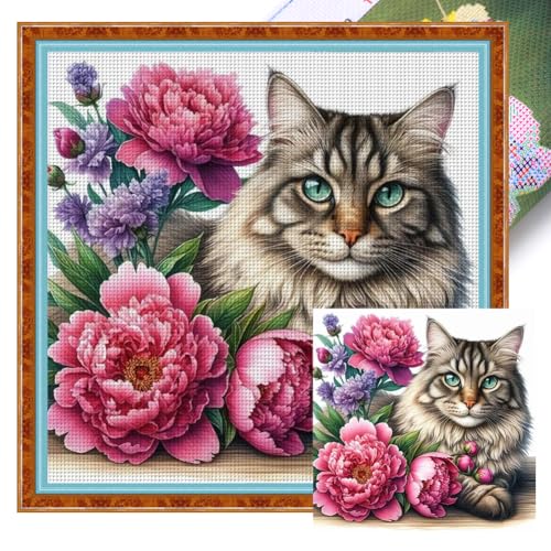 Generisch Kreuzstich Set für Erwachsene,Tiere Stickvorlagen Stickbilder Vorgedruckt Kreuzstich Stickpackungen Stickpackung Cross Stitch Kit Stickset Sticken Set Anfänger-Katze 40x40cm von Generisch