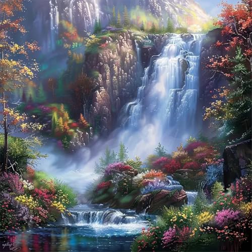 Generisch Landschaft Malen Nach Zahlen Erwachsene, Wasserfall Bild DIY Handgemalt Ölgemälde Kit für Anfänger und Erwachsene Mit 3-Pinseln und Acrylfarbe, Ohne Rahmen 50X50cm von Generisch