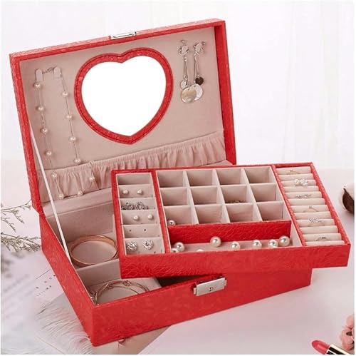 Generisch Leder Frauen Schmuckschatulle, Blattmuster Schmuck Organizer Box Schmuckkoffer Schmuck Display Aufbewahrung mit herzförmiger Spiegel 2 Schicht großer Display Schmuckschatulle von Generisch