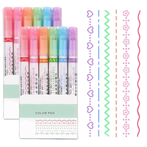 Generisch Magic Border Pen, Curve Highlighter Pen Set mit Etui, 6 Farben Curve Highlighter, Fun Pens verschiedene Formen, Roller farbige Curve Pens, Border Design Stifte (12pcs) von Generisch