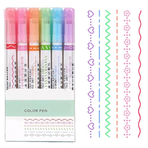 Generisch Magic Border Pen, Curve Highlighter Pen Set mit Etui, 6 Farben Curve Highlighter, Fun Pens verschiedene Formen, Roller farbige Curve Pens, Border Design Stifte (6pcs) von Generisch