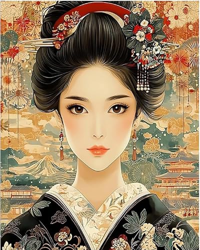 Generisch Malen Nach Zahlen Erwachsene Japanische Geisha-Dame Mit Rahmen 40X50Cm Malen Nach Zahlen Sets Auf Leinwand Mit Acrylfarben Für Kinder Anfänger,Diy Ölgemälde-Set Groß Landschaft,A9 von Generisch