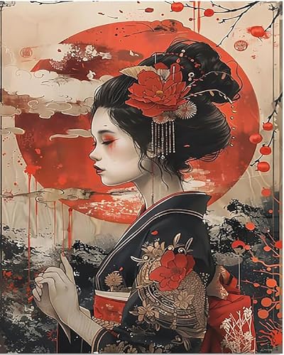 Generisch Malen Nach Zahlen Erwachsene Japanische Geisha-Dame Mit Rahmen 40X50Cm Malen Nach Zahlen Sets Auf Leinwand Mit Acrylfarben Für Kinder Anfänger,Diy Ölgemälde-Set Groß Landschaft,B12 von Generisch