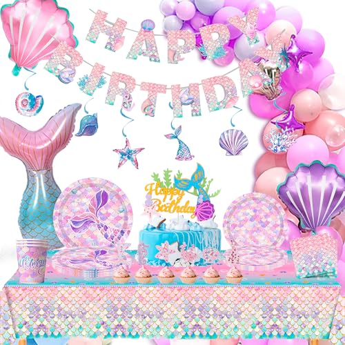 Generisch Mermaid Birthday Decoration, 90pcs Meerjungfrau Geburtstag Deko Meerjungfrau Partygeschirr, Meerjungfrau Geburtstag Pappteller Tischdecken Ballon Banner etc Partyzubehör für Meerjungfrauen von Generisch