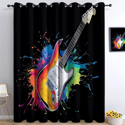 Generisch Ösen Vorhang Schwarz Blickdicht Vorhänge Musik Graffiti Gitarre Wohnzimmer Schlafzimmer Verdunklungsvorhänge Thermovorhang 3D Druck Schallschutz Vorhang mit Ösen 2er Set H214 x B91.5 cm von Generisch