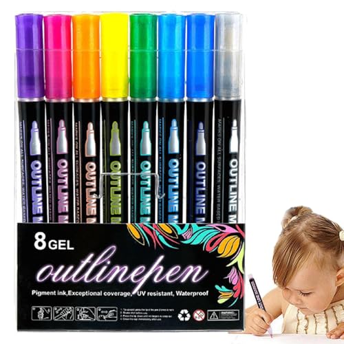 Generisch Outline Stifte, Konturenmarker, Zweizeilige Textmarker, Farbiger Lightstick Graffiti Stift, 8 Farben Doppelzeilige Glitzer Konturmarker, 8 Farben Double Lines Umriss Stifte Metallics Marker von Generisch