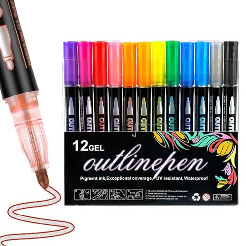 Generisch Outline Stifte | 12 Colors Double Lines Umriss Stifte Outline Marker | Coloring Lightstick Graffiti Metallics Marker Pens Set | Schreiben Zeichnen Glitzernde Malstifte für Grußkarten von Generisch