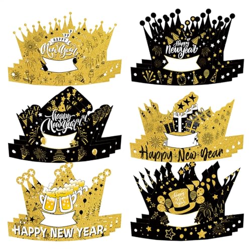 Generisch Partyhüte und Kronen, Frohes Neues Jahr Hüte | 18X Silvester-Kronenhüte - Neujahrs-Kopfbedeckung, Foto-Requisiten, schwarz-goldene Tiara für, Mädchen, Kinder, Erwachsene und Jugendliche von Generisch