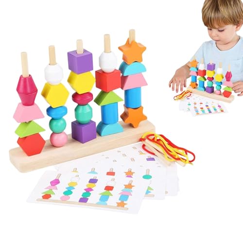 Generisch Perlen und Schnur,Perlensequenz-Set mit 25 Holzperlen, 8 doppelseitigen Karten, 2 Schnürsenkeln - Farberkennungsspielzeug, Matching Shapes Stacker, Perlen auffädeln für Kinder von Generisch