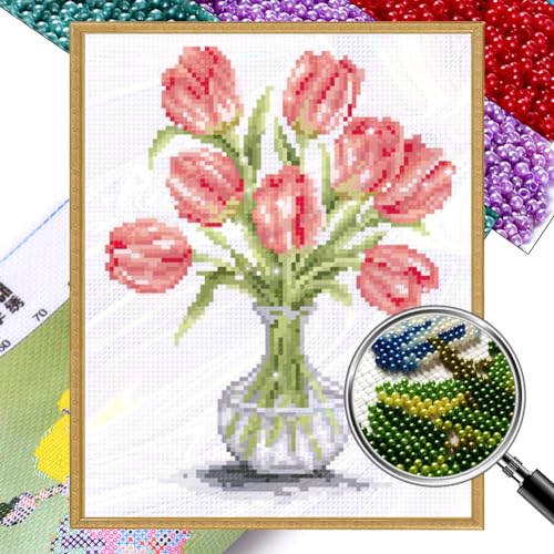 Generisch Perlenstickerei Set, Tulpe, Perlenkreuzstich, Blumen Handarbeit, 25 x 31 cm von Generisch