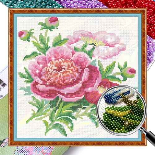 Generisch Pfingstrose Perlenstickerei Kreuzstich Set zum Selbermachen, Blume 9 CT komplettes Sortiment an vorgedruckten Startersets für Anfänger 31 x 31 cm von Generisch