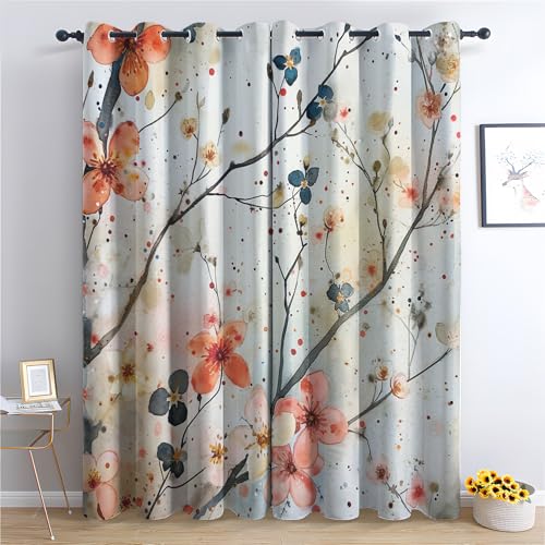 Generisch Pflaumenblüte Vorhang, Schmetterlinge Gardinen mit Ösen 2er Set Verdunkelungsvorhang, Retro Blumen Vorhänge, Wohnzimmer Schlafzimmer Kinderzimmer Blickdichte vorhänge, 336x229 cm f11&56 von Generisch