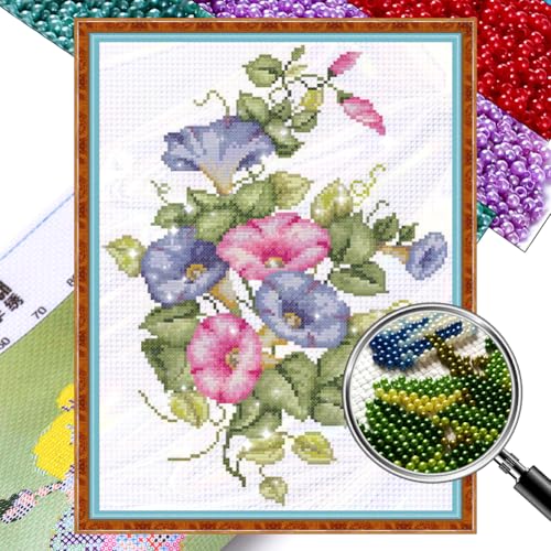 Generisch Prunkwinde Perlenstickerei Kreuzstich Set zum Selbermachen, Blume 9 CT komplettes Sortiment an vorgedruckten Startersets für Anfänger 30 x 41 cm von Generisch