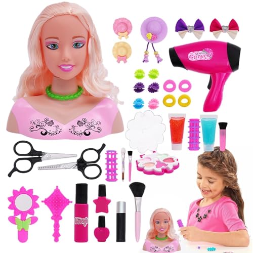 Generisch Puppenkopf für Mädchen schminken - Lebendiger Friseurpuppenkopf Interessant - 36-teiliges Simulations-Haarstyling-Set, Mädchen-Kopfschmuck-Spielzeug-Set für Kinder von Generisch