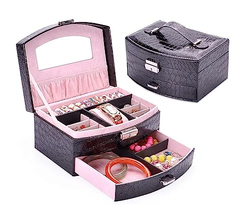 Generisch Schmuckschatullen Aufbewahrungsvitrine mit Schloss und Griff große Kapazität Reise-Schmuck-Organizer-Box Armbänder Halsketten Organizer für Damen von Generisch