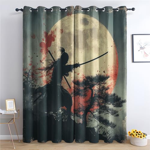 Generisch Schwertkämpfer Vorhang, Samurai Gardinen mit Ösen 2er Set Verdunkelungsvorhang, Japanischer Stil Vorhänge, Wohnzimmer Schlafzimmer Kinderzimmer Blickdichte vorhänge, 170x200 cm 2u&k-133 von Generisch