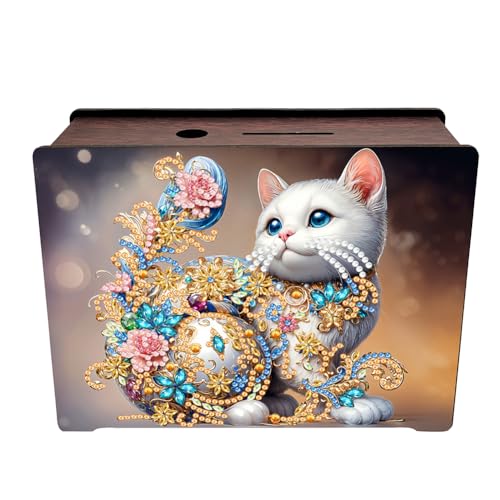 Generisch Spardose aus Holz, Diamond Painting Sparbüchse Aufbewahrungsbox, Sparbox,Diamant Malerei Spardose Ki-nder-Sparziel, Sparschwein, Wiederverwendbare Spardose-Weiße Katze von Generisch