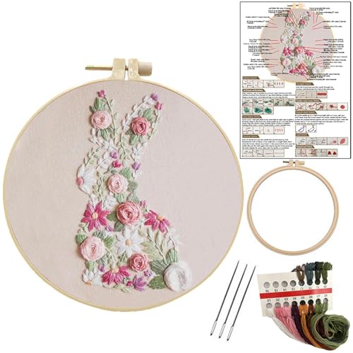 Generisch Sticken Set Erwachsene, Kreuzstich Kit Häschen Mehrfarbig, Blumenmuster Pflanzen Stickset, Osterhase Kreuz Stich Stickerei Kit Floral Stickerei Hoop Art Stickerei Kit, 20cm von Generisch