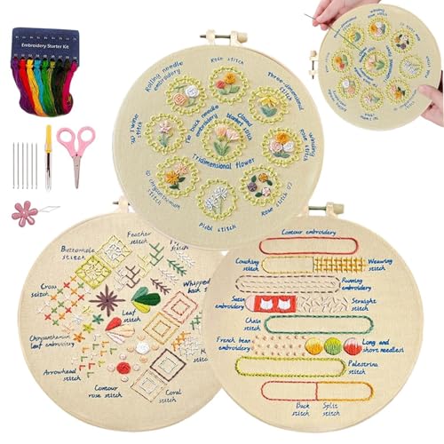 Generisch Stickset,Stickset für Anfänger - 3 Sets Kreuzstich-Sets für Anfänger | Schritt-für-Schritt-Anleitung, Nadelspitzen-Set, Nähset für Erwachsene, für Damen, Herren, Anfänger von Generisch